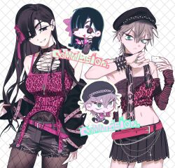  2girls alien_stage animal_print black_eyes black_hair black_hat black_shorts black_skirt commentary_request commission cross cross_necklace fishnet_pantyhose fishnets genderswap genderswap_(mtf) green_eyes grey_hair hat highres ivan_(alien_stage) jewelry leopard_print long_hair multiple_girls navel necklace pantyhose pink_tank_top pleated_skirt red_pupils short_hair shorts skirt tank_top till_(alien_stage) vaaller very_long_hair 