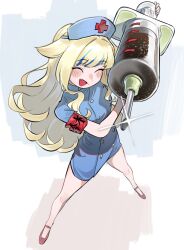  1girl :d armband blonde_hair blue_dress blue_streaks closed_eyes commentary_request dress facing_viewer frogsnake full_body hair_ears hat himehina_channel holding holding_syringe large_syringe legs_apart long_hair multicolored_hair nurse nurse_cap open_mouth oversized_object pink_shoes red_armband shoes short_dress short_sleeves smile solo standing streaked_hair suzuki_hina syringe virtual_youtuber 