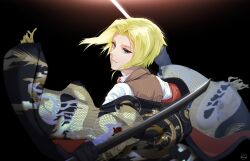  1boy black_background black_gloves black_kimono blonde_hair blue_eyes brown_vest closed_mouth curtained_hair dragon_print dual_wielding fringe_trim from_behind fujishiro_kuma gloves highres hiroshima-san_(47ts) holding holding_polearm holding_sword holding_weapon japanese_clothes jitome kimono looking_at_viewer looking_back off_shoulder open_clothes open_kimono parted_bangs pinstripe_pattern pinstripe_vest polearm print_kimono shijuushichi_taisen shirt short_hair simple_background solo sword upper_body vest weapon white_shirt 