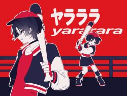  1boy alternate_costume baseball_bat baseball_cap baseball_uniform batting_stance black_choker black_jacket black_shoes black_shorts black_socks blunt_ends bright_pupils choker choppy_bangs collarbone commentary_request contemporary crew_neck cropped_jacket eyeliner fingerless_gloves genshin_impact gloves hair_intakes hat highres jacket korean_commentary long_sleeves looking_to_the_side makeup male_focus multiple_views open_clothes open_jacket open_mouth outline over_shoulder parody pyong_deog raglan_sleeves red_eyeliner red_gloves red_hat red_shirt red_theme red_trim scaramouche_(genshin_impact) shirt shoes shorts smirk socks solo sportswear tsurime undershirt v-shaped_eyebrows violet_eyes weapon weapon_over_shoulder white_mouth white_outline white_pupils white_sleeves yararara_(synthesizer_v) 