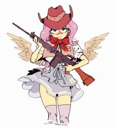  1girl aqua_eyes artist_name bandaid bandaid_on_face bandaid_on_nose breasts brown_vest closed_mouth cowboy_hat cowboy_shot cropped_vest feathered_wings fluttershy grey_skirt grey_thighhighs gun hair_between_eyes hat highres holding holding_gun holding_weapon humanization looking_at_viewer medium_breasts medium_hair my_little_pony my_little_pony:_friendship_is_magic neckerchief pink_hair puffy_short_sleeves puffy_sleeves red_hat red_neckerchief rifle shirt short_sleeves skirt solo thigh-highs vest weapon white_background white_shirt wings wise_fully zettai_ryouiki 