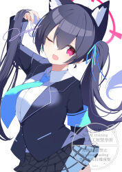  1girl absurdres animal_ear_fluff animal_ears arm_behind_back black_hair black_skirt blue_archive blue_jacket blue_necktie blue_ribbon cat_ears cat_girl collared_shirt commentary_request fang hair_ribbon halo hand_in_own_hair highres jacket jam_(jamjam777) looking_at_viewer necktie one_eye_closed open_mouth pink_eyes pink_halo plaid_clothes plaid_skirt ribbon serika_(blue_archive) shirt skin_fang skirt solo twintails white_shirt 