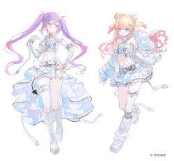  2girls :d belt blonde_hair boots breasts center-flap_bangs closed_mouth collar colored_inner_hair commentary_request criss-cross_halter demon_girl demon_tail detached_sleeves double-parted_bangs double_bun earrings full_body gradient_hair green_eyes hair_bun hair_ornament halterneck hand_up highres hololive iridescent jacket jewelry knee_boots lace-up_boots leg_warmers long_hair looking_at_viewer medium_breasts miniskirt momosuzu_nene multicolored_hair multiple_girls navel_piercing off_shoulder official_art onineko open_mouth piercing pink_hair pointy_ears purple_hair shoes short_sleeves shorts shorts_under_skirt showgirl_skirt shrug_(clothing) side_up_bun simple_background skirt smile star_(symbol) star_earrings star_hair_ornament strapless tail tail_ornament tail_piercing thigh_strap tokoyami_towa tube_top twintails two_side_up virtual_youtuber white_background white_collar white_jacket white_leg_warmers white_shoes white_shorts white_shrug white_skirt white_tube_top 