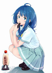  1girl absurdres blue_bow blue_bowtie blue_eyes blue_hair bow bowtie commentary_request eating food from_side full_body grey_skirt highres holding holding_food imzen japanese_clothes kimono loafers looking_at_viewer make_heroine_ga_oo_sugiru! mayonnaise mayonnaise_bottle medium_hair onigiri open_mouth school_uniform shiroshouzoku shoes skirt solo squatting summer_uniform tsuwabuki_high_school_uniform yanami_anna yellow_bow yellow_bowtie 
