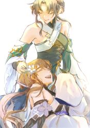  2girls aeferjam backlighting bare_shoulders black_hair blush braid braided_bun breasts brown_hair chinese_clothes closed_eyes closed_mouth commentary detached_sleeves dress english_commentary flower flower_ornament frills genshin_impact green_dress green_sleeves guizhong_(genshin_impact) hair_between_eyes hair_bun hair_flower hair_ornament hands_up happy highres long_hair long_sleeves low_ponytail madame_ping_(genshin_impact) medium_breasts multiple_girls on_lap open_mouth ponytail short_hair sidelocks simple_background sitting sleeveless sleeveless_dress smile teeth tongue upper_body wavy_hair white_background white_dress white_flower white_sleeves wide_sleeves yuri 