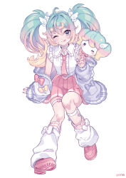  1girl :q ;q blonde_hair blue_eyes blush center_frills closed_mouth collared_shirt commentary_request dress_shirt frills full_body gradient_hair green_hair grey_jacket hair_between_eyes hair_ornament hairclip hatsune_miku holding jacket long_sleeves loose_socks merchandise_available multicolored_hair necktie nou_(nounknown) off_shoulder official_art one_eye_closed open_clothes open_jacket pink_necktie pink_shoes pink_skirt pleated_skirt puffy_long_sleeves puffy_sleeves shirt shoes simple_background sitting skirt sleeveless sleeveless_shirt sleeves_past_wrists smile socks solo star_(symbol) star_hair_ornament tongue tongue_out twintails vocaloid white_background white_shirt white_socks wing_hair_ornament x_hair_ornament 