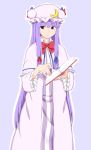  1girl book capelet coat crescent dress hair_ribbon hat highres long_hair long_sleeves mob_cap open_clothes open_coat patchouli_knowledge poronegi purple_dress purple_hair ribbon solo striped striped_dress touhou tress_ribbon very_long_hair violet_eyes wide_sleeves 