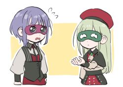  2girls akni amoris_(bang_dream!) bang_dream! bang_dream!_it's_mygo!!!!! beret black_capelet black_vest capelet commentary_request green_hair hat korean_commentary long_hair long_sleeves mortis_(bang_dream!) mortis_(costume)_(bang_dream!) multiple_girls purple_hair red_hat shirt short_hair sleep_mask vest wakaba_mutsumi white_shirt yuutenji_nyamu 