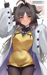  1girl absurdres agnes_tachyon_(tach-nology)_(umamusume) agnes_tachyon_(umamusume) agnes_tachyon_(umamusume)_(cosplay) ahoge black_hair black_pantyhose blue_archive breasts coat commentary cosplay demon_horns fan_request hair_between_eyes hair_intakes halo highres holding holding_test_tube horns kasumi_(blue_archive) lab_coat long_hair long_sleeves medium_breasts necktie nice_nature_(umamusume) pantyhose red_halo request_inset shirt short_necktie sleeves_past_fingers sleeves_past_wrists solo sweater sweater_vest test_tube uesaka_sumire umamusume voice_actor_connection white_coat xkittyzx yellow_eyes yellow_sweater yellow_sweater_vest 