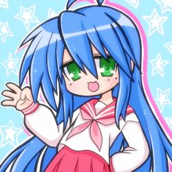  1girl 2000s_(style) :3 ahoge blue_background blue_hair blue_theme chu-chuns green_eyes izumi_konata lowres lucky_star mole mole_under_eye neckerchief pink_neckerchief red_sailor_collar red_skirt ryouou_school_uniform sailor_collar school_uniform serafuku skirt solo star_(symbol) star_symbol_background 