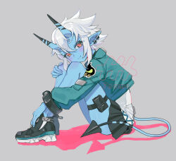  1girl artist_logo artist_name black_shoes black_skirt blue_skin blush closed_mouth colored_shadow colored_skin cropped cropped_jacket demon_tail earrings from_side full_body green_jacket grey_background horns hugging_own_legs jacket jewelry knees_up logo looking_at_viewer multicolored_horns naname_(7name) oni pointy_ears pouch red_eyes shadow shirt shoes short_eyebrows short_hair simple_background sitting skindentation skirt solo soukaku_(zenless_zone_zero) tail thigh_pouch thigh_strap translated turning_head two-tone_horns watermark white_hair white_shirt zenless_zone_zero 