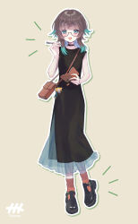 1girl artist_logo artist_name bag black_choker black_dress black_shoes blunt_bangs boots breasts brown_bag brown_hair character_doll choker colored_tips commentary_request doll dress full_body green_hair green_outline highres holding holding_notebook holding_pen indie_virtual_youtuber layered_dress leather leather_boots logo long_dress mau-chan_(7name) medium_hair multicolored_hair naname_(7name) naname_(vtuber) notebook notice_lines open_mouth orange_socks outline pen see-through_clothes see-through_dress self-portrait semi-rimless_eyewear shoes short_sleeves shoulder_bag side_slit simple_background small_breasts smile socks solo under-rim_eyewear white_outline yellow_background 
