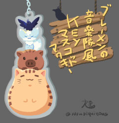  :3 =_= air_(visual_novel) animal_focus bird black_bird boar botan_(clannad) cat clannad closed_eyes closed_mouth commentary_request company_connection company_name crossover crow doruji facing_viewer fox full_body grey_background inari_(summer_pockets) key_(company) kusarukusa little_busters! looking_at_viewer multiple_crossover no_humans simple_background smile sora_(air) summer_pockets translation_request twitter_username 