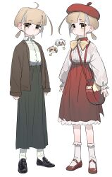  1girl 2girls absurdres arrow_(symbol) bag beret black_shoes bow bowtie brown_eyes brown_jacket center_frills chibi chibi_inset closed_mouth collared_shirt commentary expressionless frills frogsnake full_body green_skirt hat highres horizontal_pupils jacket loafers long_skirt long_sleeves looking_at_viewer multiple_girls multiple_views original red_bag red_hat red_shoes red_skirt rika-chan_(frogsnake) shirt shoes short_hair simple_background skirt socks standing white_background white_shirt white_socks yellow_bow yellow_bowtie 