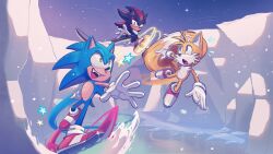  3boys black_fur blue_fur closed_mouth english_commentary fangs flying fox_boy furry furry_male galaxylover06 hedgehog_boy highres looking_at_another looking_down looking_up male_focus multicolored_hair multiple_boys multiple_tails notice_lines open_mouth running shadow_the_hedgehog smile sonic_(series) sonic_the_hedgehog star_(symbol) streaked_hair tail tails_(sonic) yellow_fur 