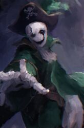  1boy artist_name aswn00 black_hat coat cowboy_shot deltarune green_coat hat highres jolly_roger looking_at_viewer outstretched_arm pirate_costume pirate_hat skull_and_crossbones smile solo standing stigmata utdr_(toby_fox) w.d._gaster 
