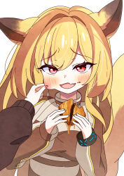  2girls absurdres animal_ears arknights biscuit_(bread) blush bracelet breasts brown_jacket ceobe_(arknights) cheek_pinching commentary_request crumbs dog_ears dog_girl fang food highres holding holding_food infection_monitor_(arknights) jacket jewelry kisaragimai_22 large_breasts long_hair looking_at_viewer multiple_girls pinching red_eyes red_nails skin_fang white_background 