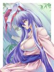  1girl animal_ears breasts female from_side highres large_breasts long_hair open_mouth profile purple_hair rabbit_ears red_eyes reisen_udongein_inaba robe signature solo touhou upper_body zephid zoom_layer 