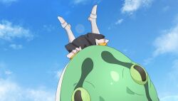  1girl animal armor armored_boots black_skirt blue_sky boots cannibalism clouds darkness_(konosuba) day game_asset giant_snake green_snake highres kono_subarashii_sekai_ni_shukufuku_wo! kono_subarashii_sekai_ni_shukufuku_wo!_kono_yokubukai_game_ni_shinpan_o! lens_flare non-web_source official_art outdoors oversized_animal self-datamine skirt sky snake upside-down yellow_armor 