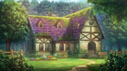  absurdres artist_request blue_flower controller day door fence flower forest game_controller grass highres house kirisame_magic_shop moss nature no_humans outdoors purple_flower red_flower scenery shade sign stairs telescope third-party_source touhou touhou_spell_carnival tree window wooden_fence yellow_flower 