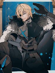 1boy arm_up armor belt black_armor black_belt black_fur black_pants blonde_hair blue_background blue_eyes border breastplate cape closed_mouth commentary_request dimitri_alexandre_blaiddyd dimitri_alexandre_blaiddyd_(timeskip) eyepatch faulds fire_emblem fire_emblem:_three_houses fur-trimmed_cape fur_trim greaves hair_behind_ear highres male_focus medium_hair one_eye_covered outside_border pants solo user_jdxn7382 white_border white_fur 