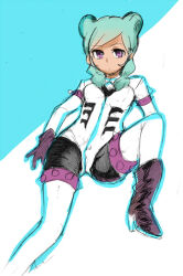  147 1girl ankle_boots aqua_hair beta_(inazuma_eleven) black_bodysuit blue_background blue_outline bodysuit boots commentary double_bun gloves hair_bun high_heel_boots high_heels inazuma_eleven_(series) inazuma_eleven_go inazuma_eleven_go_chrono_stone kokuu_no_megami_athena_(armed) long_hair long_sleeves looking_at_viewer lying no_pupils on_back outline protocol_omega puffy_sleeves purple_boots purple_gloves solo spiked_bicep_strap spiked_thigh_strap thigh-highs thigh_strap violet_eyes white_background white_bodysuit white_thighhighs 