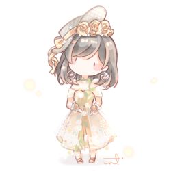  1girl anklet argyle_clothes argyle_hat bare_shoulders beads black_eyes blush_stickers bow chibi commentary dangle_earrings dress earrings floral_print flower flowering_dance_of_light_(shining_nikki) frilled_gloves frills gloves grey_hair grey_hat hair_beads hair_flower hair_ornament hands_on_lap hat hat_bow heart heart_earrings hoop_earrings interruption_(echo-023) jewelry light_particles looking_at_viewer medium_hair mismatched_earrings nikki_(series) no_mouth off-shoulder_dress off_shoulder print_dress rose see-through_clothes see-through_dress_layer shadow shining_nikki shoes short_sleeves signature simple_background solid_oval_eyes solo standing sun_hat swept_bangs untranslatable_commentary white_background white_gloves wrist_flower yellow_bow yellow_dress yellow_flower yellow_rose yellow_shoes 