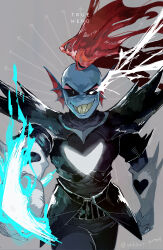  1girl absurdres armor black_sclera blue_skin breastplate colored_sclera colored_skin corogarucoromo cowboy_shot eye_trail faulds fins fish_girl gauntlets grey_background grin head_fins highres holding holding_weapon light_trail looking_at_viewer pauldrons red_hair sharp_teeth shoulder_armor signature simple_background slit_pupils smile solo teeth undertale undyne undyne_the_undying utdr_(toby_fox) walking_towards_viewer weapon 