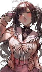  1girl absurdres black_hair blush bow crown dokuro_deluxe english_commentary floating_crown frilled_sailor_collar frilled_sleeves frills gradient_hair gun handgun highres himemiya_rie himemiya_rie_(1st_costume) holding holding_gun holding_weapon jacket long_hair long_sleeves looking_at_viewer looking_down miniskirt mole mole_under_eye multicolored_hair needy_girl_overdose open_mouth phase_connect pink_eyes pink_skirt revolver sailor_collar second-party_source shirt skirt solo tongue tongue_out twintails weapon white_background white_bow white_shirt yellow_jacket 