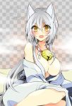  1girl animal_ears bell blush breasts cleavage fang female fox_ears genderswap gugure!_kokkuri-san japanese_clothes kimono kokkuri-san_(gugukoku) large_breasts long_hair looking_at_viewer open_clothes open_mouth silver_hair solo sptbird yellow_eyes 