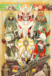  1boy armor autobot blue_eyes chawan_mushi_(twotenjack11) deadlock_(transformers) decepticon drift_(transformers) glowing glowing_eyes highres holding holding_weapon insignia looking_at_viewer machine mecha mechanical_skirt multiple_persona no_humans orange_armor red_eyes robot science_fiction solo sword the_transformers_(idw) transformers transformers:_robots_in_disguise_(2015) transformers:_shattered_glass transformers_(live_action) weapon 