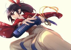  1girl absurdres black_eyes black_hair character_request collarbone commentary_request copyright_request dh_ead floral_print hair_between_eyes hakama hakama_skirt highres holding holding_sword holding_weapon japanese_clothes kimono medium_hair ninja open_mouth ponytail red_kimono simple_background skirt solo sword weapon white_background white_skirt wide_sleeves 