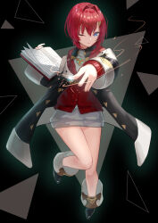  1girl ange_katrina ange_katrina_(1st_costume) ankle_boots arawado black_background black_boots black_coat blue_eyes book boots cardigan casting_spell closed_mouth coat collared_dress commentary_request contrast_collar dress full_body hair_intakes hair_ornament hairclip hands_up highres holding holding_book knees_together_feet_apart light_trail long_sleeves looking_at_viewer magic medium_hair nijisanji off_shoulder one_eye_closed open_book red_cardigan red_hair short_dress smile solo standing standing_on_one_leg triangle virtual_youtuber white_dress 