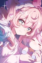  1girl aqua_eyes aqua_hair closed_mouth drill_hair hair_between_eyes hair_ornament highres honkai:_star_rail honkai_(series) hyacine_(honkai:_star_rail) hyacine_(sweet_slumber)_(honkai:_star_rail) jumm1227 little_ica_(honkai:_star_rail) long_hair long_sleeves looking_at_viewer multicolored_hair official_alternate_costume pink_hair smile solo symbol_in_eye twintails upper_body 