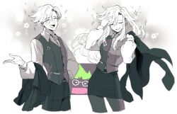  1boy 1girl absurdres black_skirt character_and_genderswap closed_eyes collared_shirt commentary deltarune dual_persona floating_hair flowery_(deltarune) genderswap genderswap_(mtf) highres holding holding_unworn_clothes holding_unworn_jacket jacket long_hair long_sleeves pencil_skirt ralsei ralsei_(hat) shipduck13 shirt skirt sparkle two-tone_vest unworn_jacket utdr_(toby_fox) v 