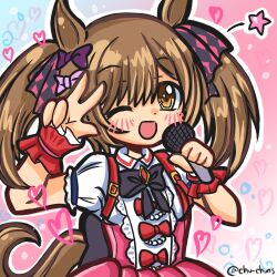  1girl 2000s_(style) animal_ears argyle_bow artist_name bow brown_hair center_frills chu-chuns frills hair_bow heart holding holding_microphone horse_ears horse_girl horse_tail lowres microphone multiple_hair_bows pink_bow pink_skirt puffy_short_sleeves puffy_sleeves purple_bow short_sleeves skirt smart_falcon_(love_4ever)_(umamusume) smart_falcon_(umamusume) solo suspender_skirt suspenders tail twintails two-tone_background umamusume v wrist_cuffs 