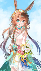  1girl absurdres amiya_(arknights) animal_ears aqua_eyes arknights blush braid breasts clouds collarbone commentary_request day dress flower hair_between_eyes highres holding holding_flower long_hair looking_at_viewer outdoors pink_flower rabbit_ears rabbit_girl ruo_xiao_wuli sky sleeveless sleeveless_dress small_breasts solo teeth very_long_hair white_dress yellow_flower 