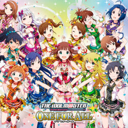  6+girls :d ;) ;d ahoge akizuki_ritsuko album_cover amami_haruka antenna_hair black_hair black_jacket black_skirt blonde_hair blue_collar blue_eyes blue_hair blue_jacket blue_skirt bow brown_eyes brown_hair check_my_note_(idolmaster) closed_mouth collar confetti copyright_name cover frilled_wrist_cuffs frills futami_ami futami_mami ganaha_hibiki green_collar green_eyes green_jacket green_skirt hagiwara_yukiho hair_bow heart heart_necklace highres hoshii_miki idolmaster idolmaster_(classic) idolmaster_one_for_all jacket jewelry kikuchi_makoto kisaragi_chihaya lapels long_hair looking_at_viewer minase_iori miura_azusa multiple_girls multiple_hair_bows necklace official_alternate_costume official_art one_eye_closed open_mouth orange_collar orange_hair orange_jacket orange_skirt pink_collar pink_jacket pink_skirt plaid_boots plaid_clothes plaid_jacket plaid_lapels plaid_skirt pointing ponytail purple_skirt red_collar red_jacket red_skirt shijou_takane short_hair side_ponytail skirt sleeveless sleeveless_jacket smile sparkle standing takatsuki_yayoi third-party_source twintails white_hair white_wrist_cuffs wrist_cuffs 