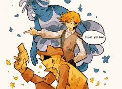  3boys aislan ballerina black_pants blonde_hair blue_(deltarune) blue_petals blue_skin brown_vest closed_eyes closed_mouth collared_shirt colored_skin commentary covered_eyes cowboy cowboy_hat deltarune dreadlocks dress flowery_(deltarune) green_vest grey_dress gun hat holding holding_gun holding_weapon leaning_forward male_focus medium_hair multiple_boys orange_pants orange_shirt pants parted_lips petals pointing pointing_to_the_side shirt smile tutu two-tone_vest utdr_(toby_fox) vest weapon white_shirt yellow_(deltarune) yellow_petals yellow_vest 
