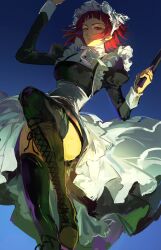  1girl absurdres apron black_dress blue_background blunt_bangs boots brown_boots chinstrap dress frilled_dress frills from_below garter_straps glowing glowing_eye gun half-closed_eyes handgun highres holding holding_gun holding_weapon knee_boots kuroshitsuji long_sleeves looking_at_viewer lostack maid maid_apron maid_headdress meirin_(kuroshitsuji) midair no_eyewear painterly parted_lips puffy_sleeves red_eyes red_hair short_hair short_twintails simple_background solo thigh-highs twintails weapon white_apron white_thighhighs 