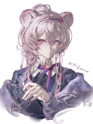  1girl absurdres animal_ears arknights artist_name black_jacket chinese_commentary commentary_request glasses hair_between_eyes hair_intakes hairband hand_up highres holding holding_removed_eyewear jacket kong_ming_kmmo lin_(arknights) lin_(knowledge_and_magic)_(arknights) long_hair long_sleeves looking_at_viewer mouse_ears mouse_girl my_little_pony my_little_pony:_friendship_is_magic official_alternate_costume pink_eyes pink_hair purple_hairband simple_background solo unworn_eyewear upper_body white_background 