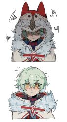  1boy absurdres ahoge alyosha_(genshin_impact) animal_ears artist_name black_shirt blush cape closed_mouth earmuffs fake_animal_ears freckles fur-trimmed_cape fur_trim genshin_impact green_hair hair_between_eyes highres hood hooded_cape lohneafan67 looking_at_viewer male_focus multiple_views notice_lines shirt short_hair simple_background squiggle teeth turtleneck turtleneck_shirt upper_body white_background white_cape yellow_eyes 