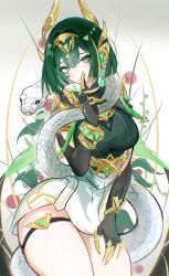  1girl absurdres breasts finger_to_mouth genshin_impact gloves green_eyes green_hair headpiece highres jewelry looking_at_viewer medium_breasts mira_(mirarizsoti) mole mole_under_eye nefer_(genshin_impact) short_hair snake solo thigh_strap thighs white_background 