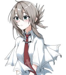  1girl absurdres ahoge aqua_eyes blush brown_hair capelet closed_mouth collared_shirt commentary_request dress_shirt eyes_visible_through_hair folded_ponytail frown hair_between_eyes highres looking_ahead medium_hair necktie red_necktie school_uniform shirt sidelocks simple_background solo split_mouth subarashiki_hibi tachibana_kimika thank_u_eroge upper_body white_background white_capelet white_shirt 