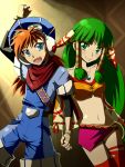  &gt;:) 1boy 1girl feena_(grandia) grandia grandia_i green_eyes green_hair hair_ornament hair_tubes jewelry justin_(grandia) kadomaki_shinnosuke long_hair low-tied_long_hair midriff necklace tied_hair wide_sleeves 