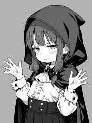  1girl blush cloak collared_shirt commentary_request grey_background greyscale hair_bobbles hair_ornament hands_up highres hood hood_up hooded_cloak long_sleeves looking_at_viewer monochrome original pleated_skirt shirt shirt_tucked_in simple_background skirt smile solo upper_body yuuji_overall 