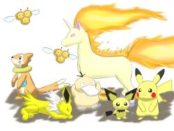  buizel closed_mouth combee_(male) commentary_request full_body highres jolteon lying no_humans notodono orange_fur pichu pikachu pokemon pokemon_(creature) pokemon_focus psyduck rapidash simple_background sleeping white_background yellow_fur 