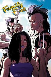  1girl 2boys arm_hair arm_tattoo beard black_hair claw_(weapon) daken facial_hair family father_and_child father_and_daughter father_and_son highres long_hair marvel mohawk multiple_boys muscular muscular_male parent_and_child shoulder_tattoo simpledototto spiky_hair tattoo weapon wolverine_(x-men) x-23 x-men 