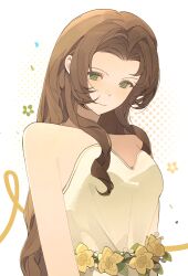  1girl absurdres aerith_gainsborough aerith_gainsborough_(white_floral_dress) bare_shoulders brown_hair closed_mouth dress dress_flower final_fantasy final_fantasy_vii final_fantasy_vii_rebirth final_fantasy_vii_remake flower green_eyes highres light_smile long_hair looking_at_viewer official_alternate_costume parted_bangs sidelocks solo strapless strapless_dress upper_body white_background white_dress wintercoming42 yellow_flower 