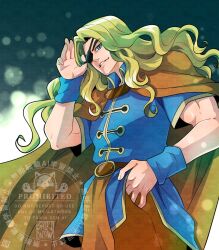  1boy artist_name belt blonde_hair blue_eyes blue_tunic blue_wrist_cuffs brown_belt brown_cloak brown_pants chrono_trigger cloak cowboy_shot dalton_(chrono_trigger) eyepatch hand_in_pocket long_hair looking_at_viewer male_focus muscular muscular_male pants parted_bangs parted_lips salute shikiwo short_sleeves smile solo tunic wavy_hair wrist_cuffs 